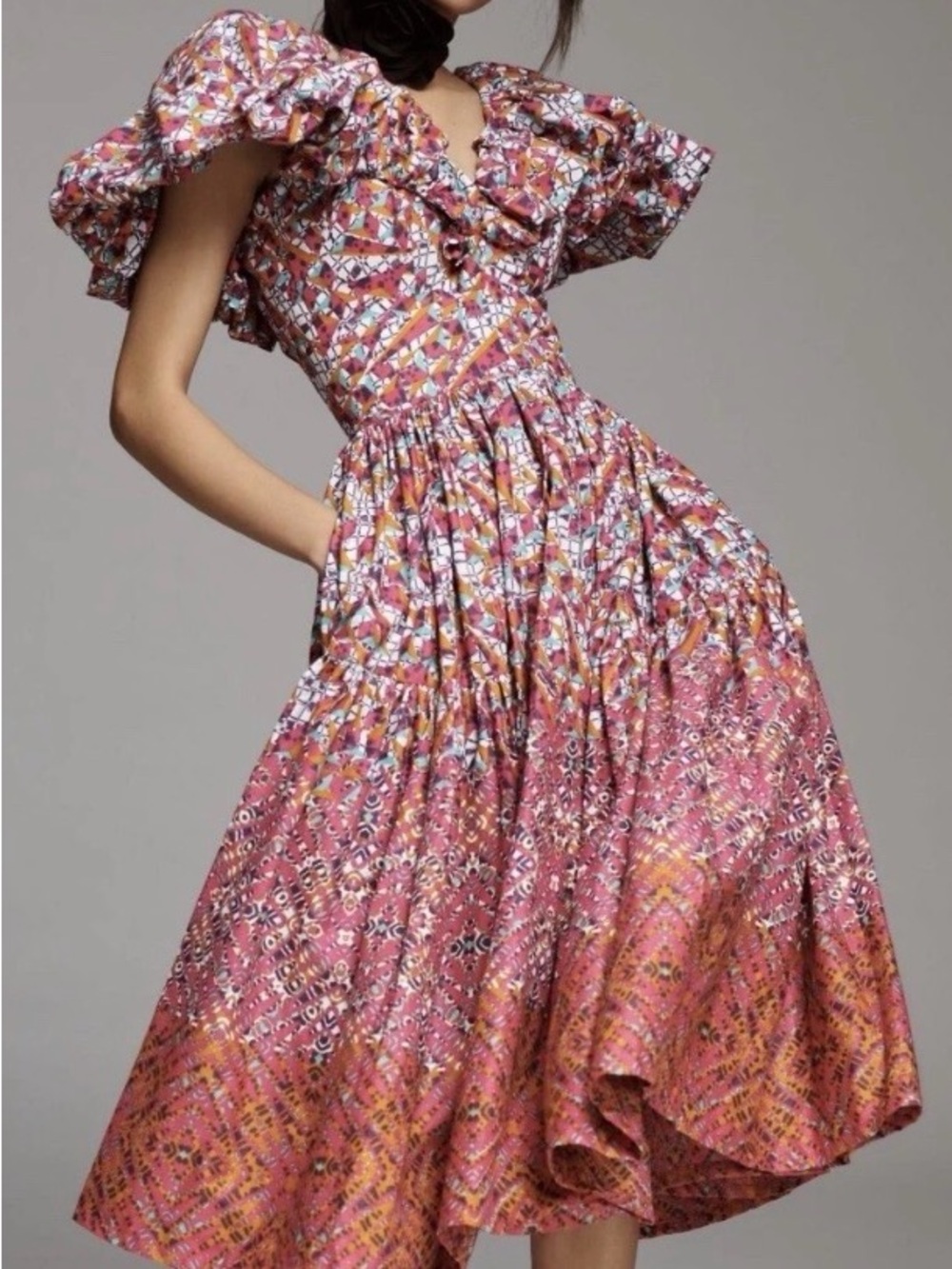 Byron Lars Pink Floral-Print Ruffled Midi Dress